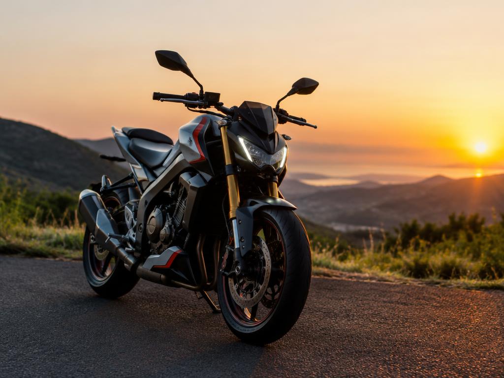 Motocicleta moderna em estrada ao pôr do sol