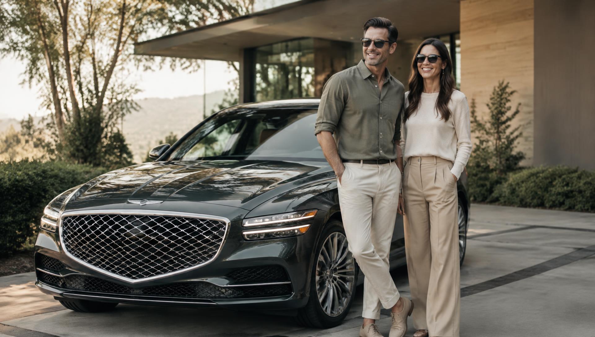 Casal sorridente ao lado de um automóvel novo e elegante